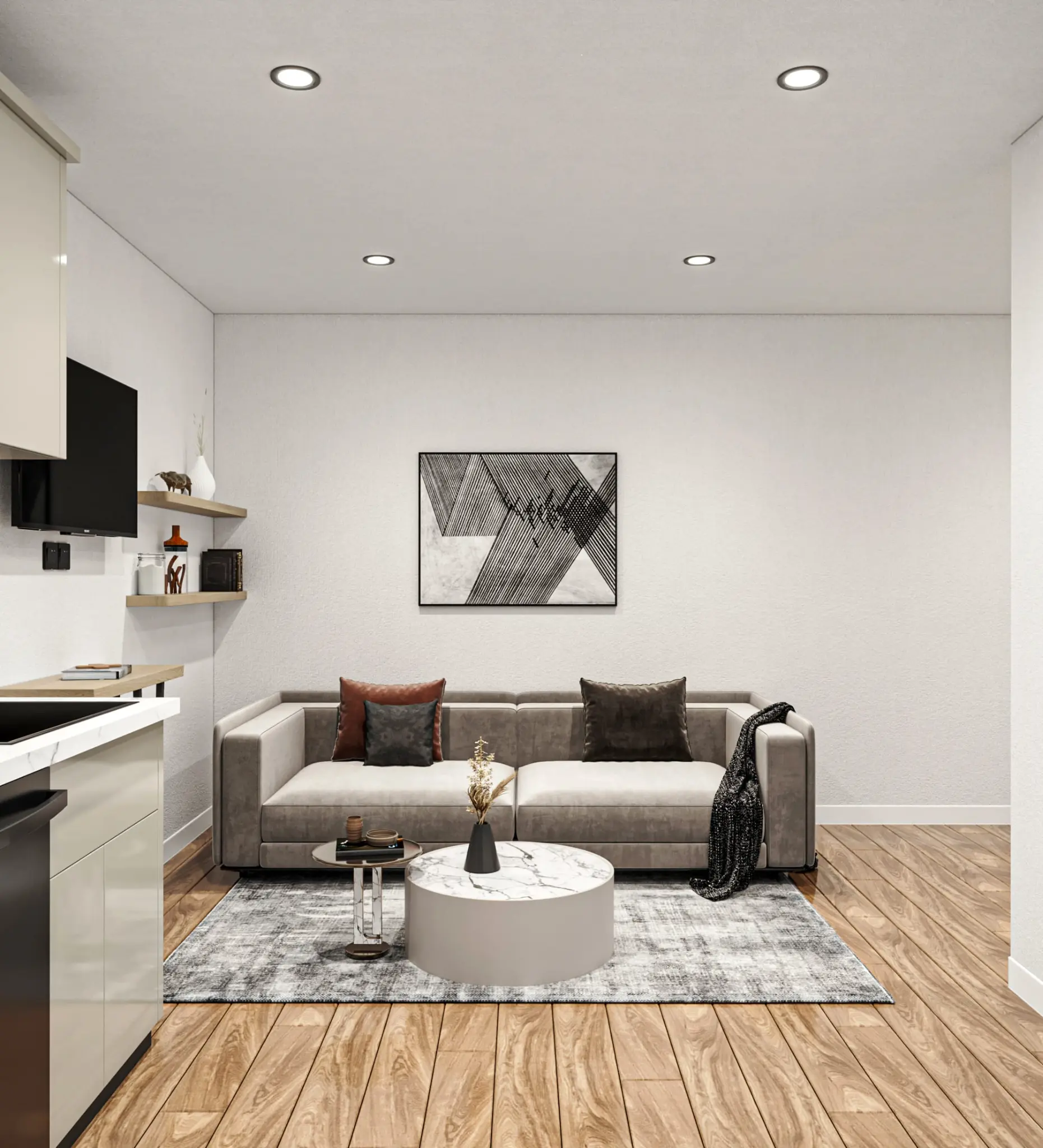 Spacious 1-bedroom apartment living room with modern furniture