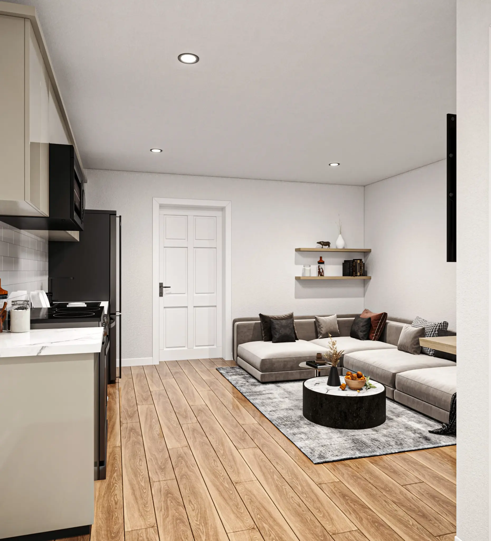 Open concept living area in 2-bedroom unit