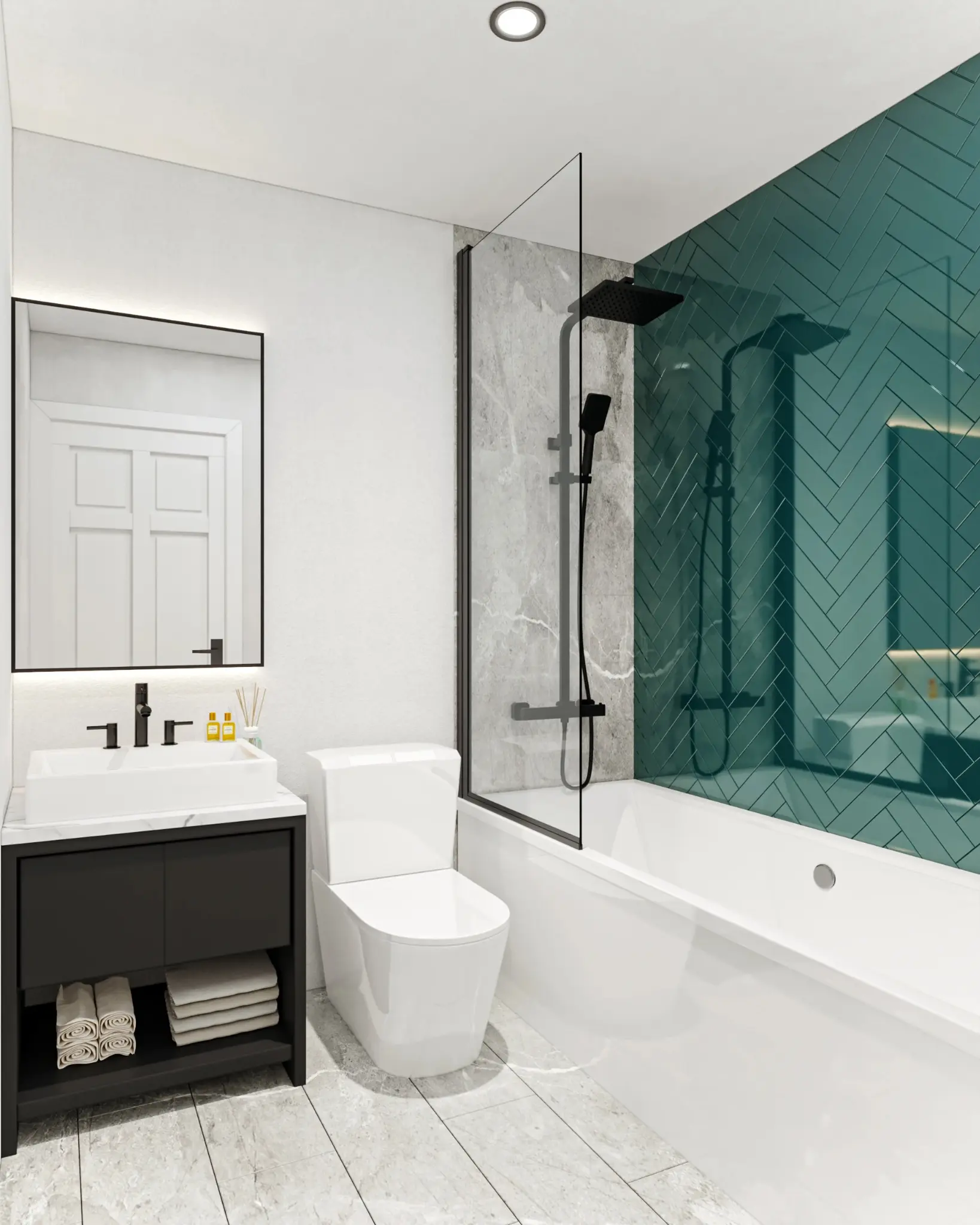 Stunning bathroom with green tile and modern fixtures